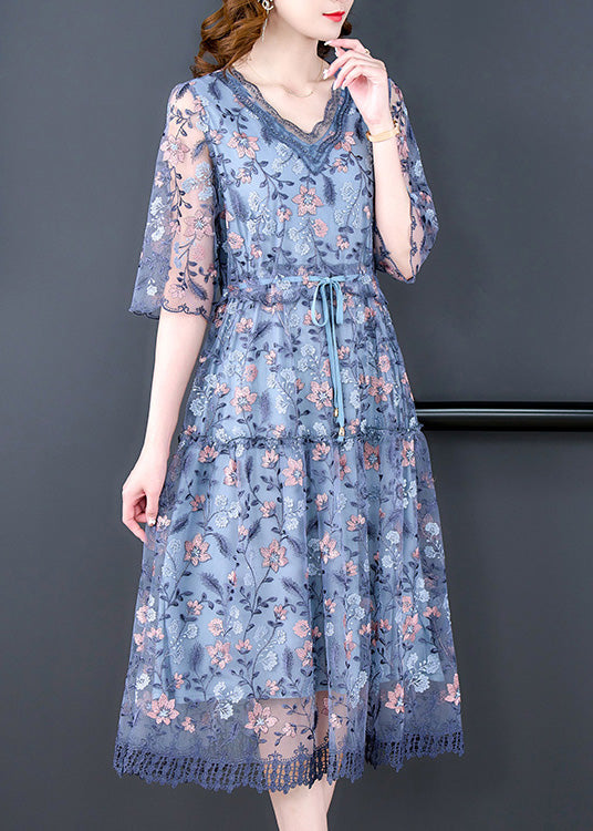 Elegant Blue V Neck Embroideried Ruffled Tie Waist Tulle Long Dresses Half Sleeve