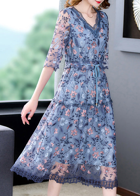 Elegant Blue V Neck Embroideried Ruffled Tie Waist Tulle Long Dresses Half Sleeve