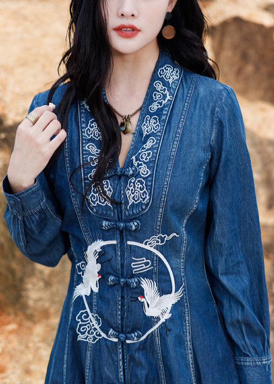 Elegant Blue V Neck Embroideried button Cotton Denim Long Dresses Long Sleeve