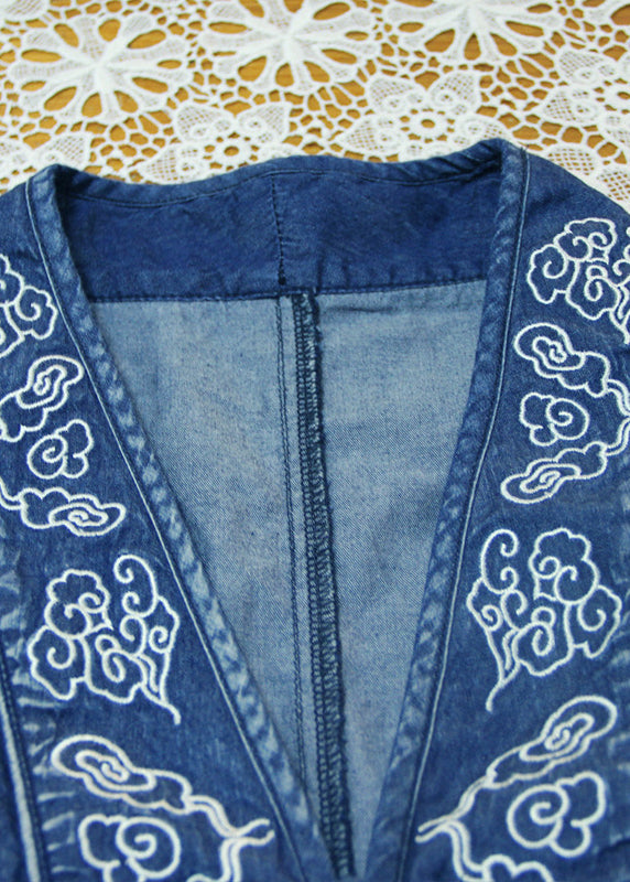 Elegant Blue V Neck Embroideried button Cotton Denim Long Dresses Long Sleeve