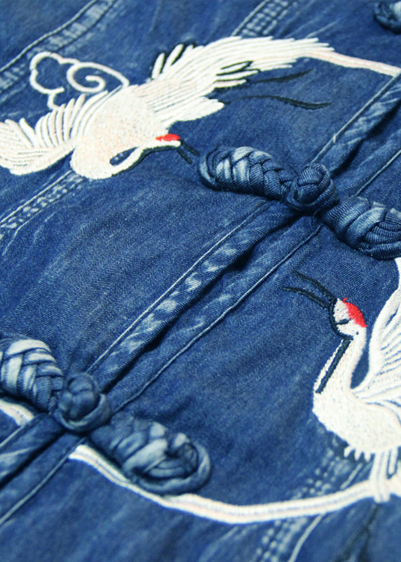 Elegant Blue V Neck Embroideried button Cotton Denim Long Dresses Long Sleeve