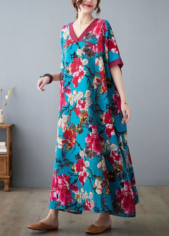 Elegant Blue V Neck Patchwork Print Cotton Dress
