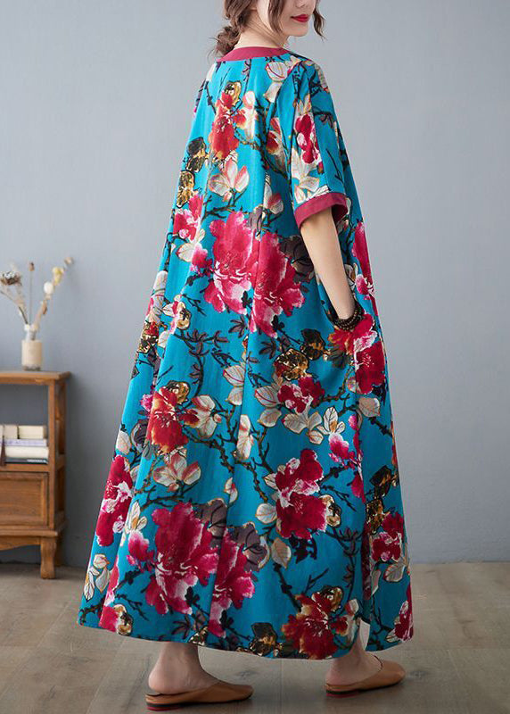 Elegant Blue V Neck Patchwork Print Cotton Dress