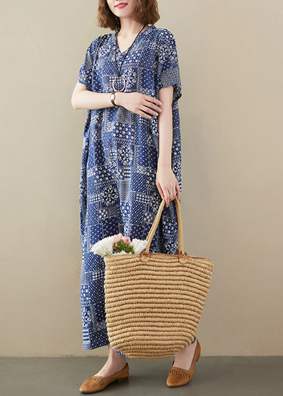 Elegant Blue V Neck Print Cotton Beach Long Dress Short Sleeve