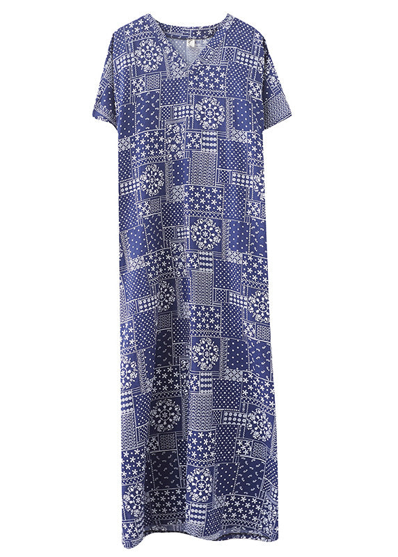 Elegant Blue V Neck Print Cotton Beach Long Dress Short Sleeve