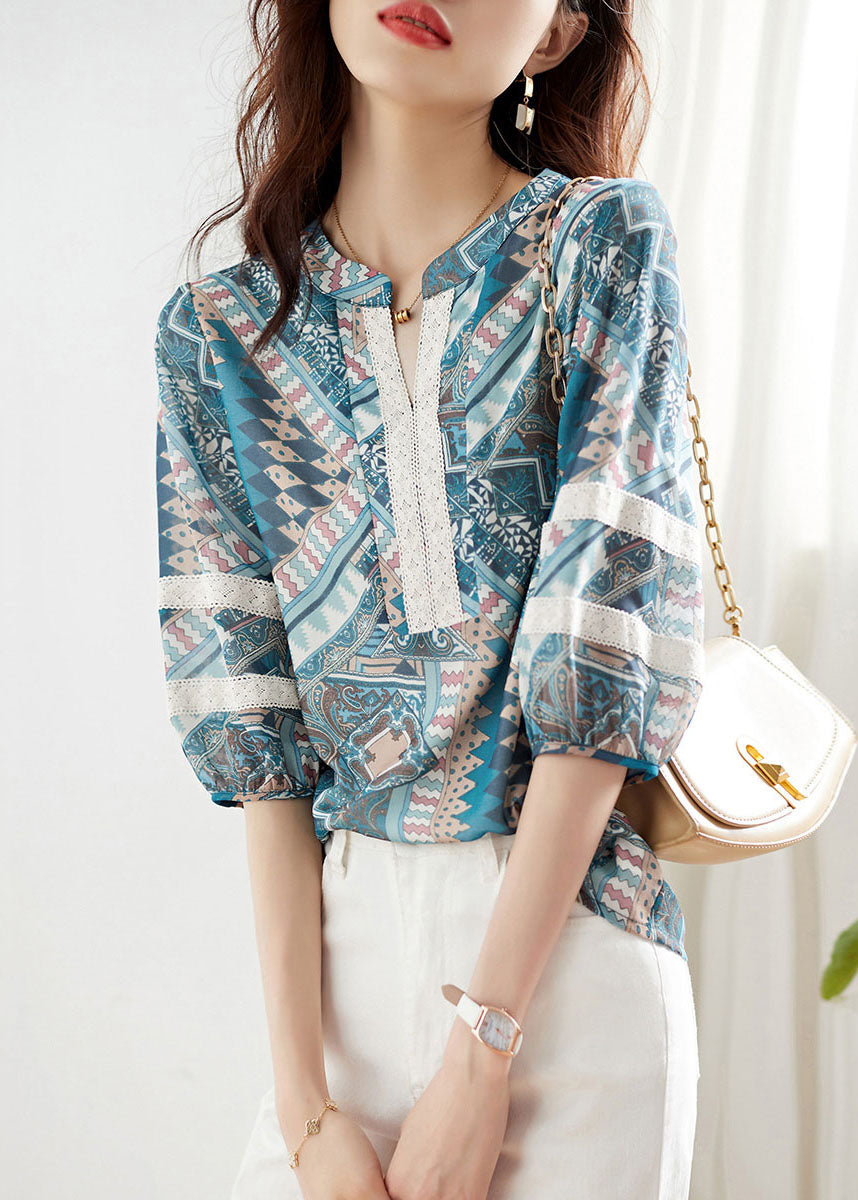 Elegant Blue V Neck Print Lace Patchwork Chiffon Shirt Top Summer