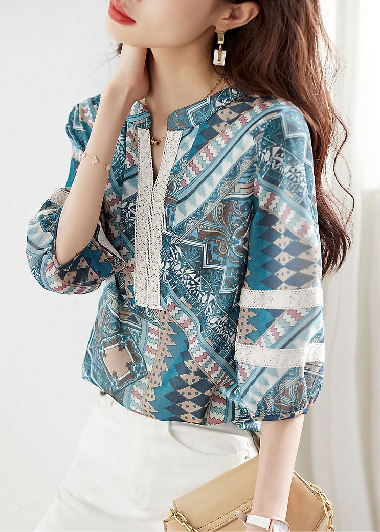 Elegant Blue V Neck Print Lace Patchwork Chiffon Shirt Top Summer