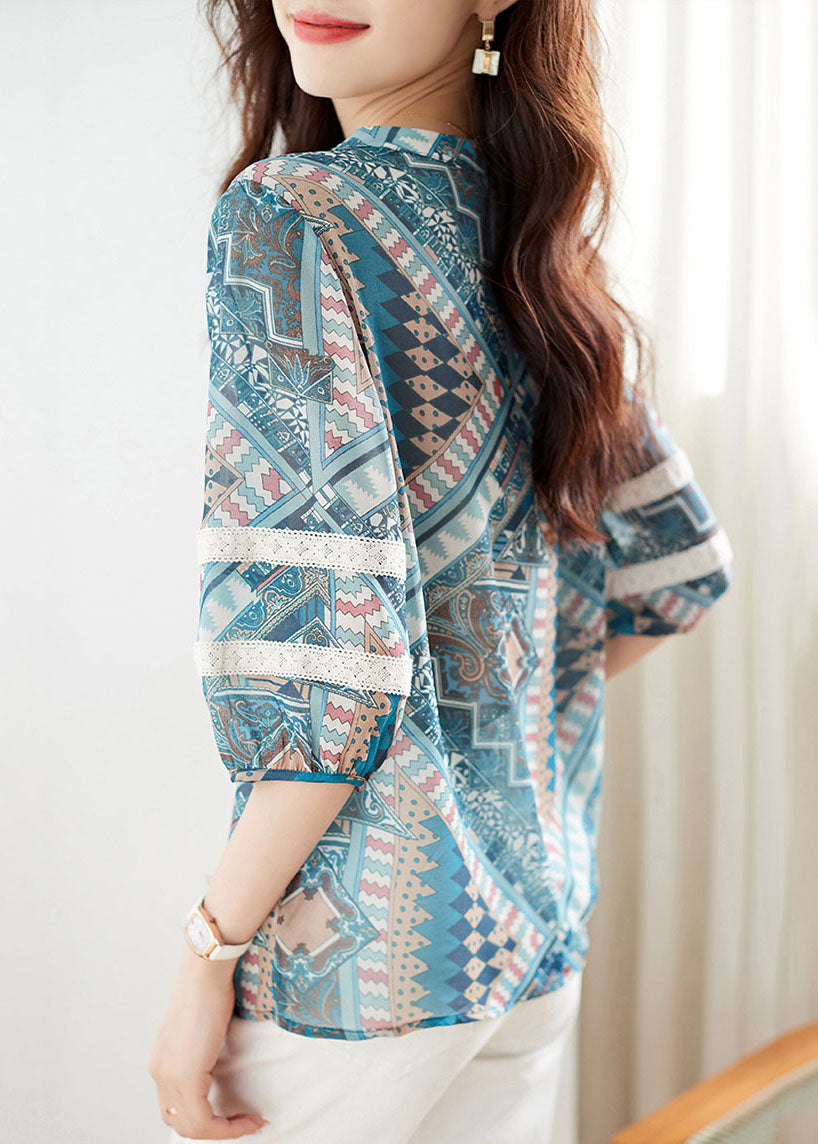 Elegant Blue V Neck Print Lace Patchwork Chiffon Shirt Top Summer