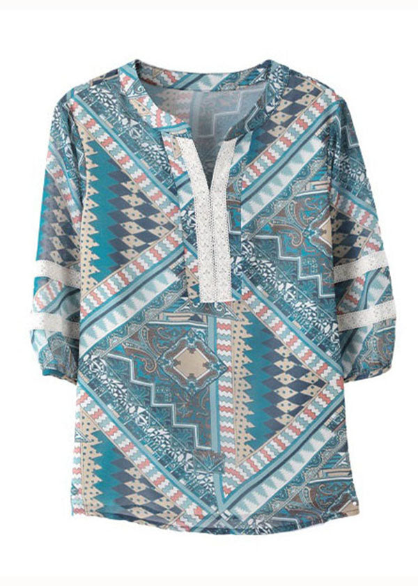 Elegant Blue V Neck Print Lace Patchwork Chiffon Shirt Top Summer