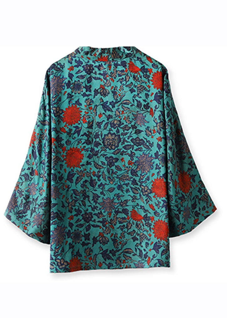 Elegant Blue V Neck Print Tie Waist Silk Coats Long Sleeve