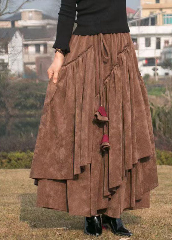 Elegant Brown Elastic Waist Solid Corduroy A Line Skirts