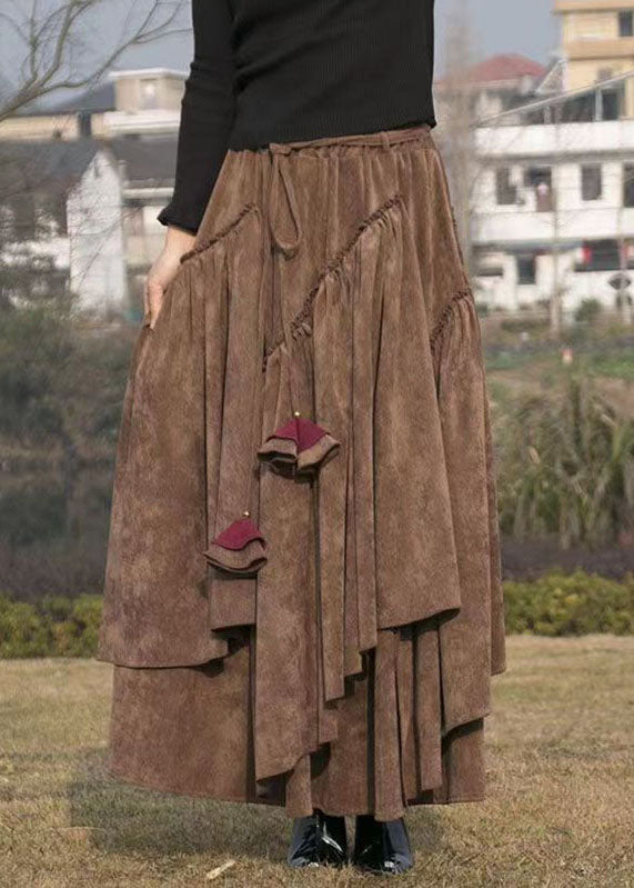 Elegant Brown Elastic Waist Solid Corduroy A Line Skirts