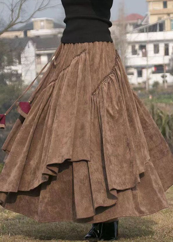 Elegant Brown Elastic Waist Solid Corduroy A Line Skirts