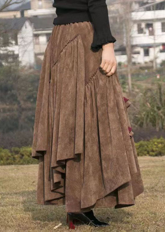 Elegant Brown Elastic Waist Solid Corduroy A Line Skirts