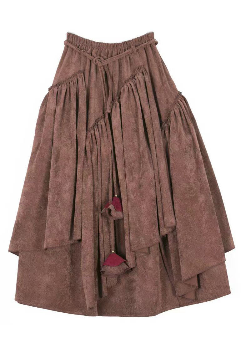 Elegant Brown Elastic Waist Solid Corduroy A Line Skirts