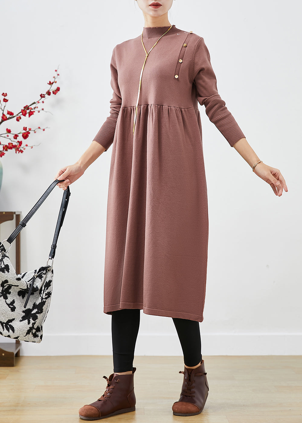 Elegant Brown Stand Collar Patchwork Button Knit Long Dress Fall