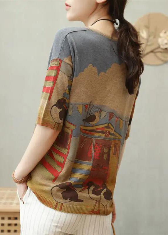 Elegant Camel O Neck Print Cotton Knit T Shirt Top Summer