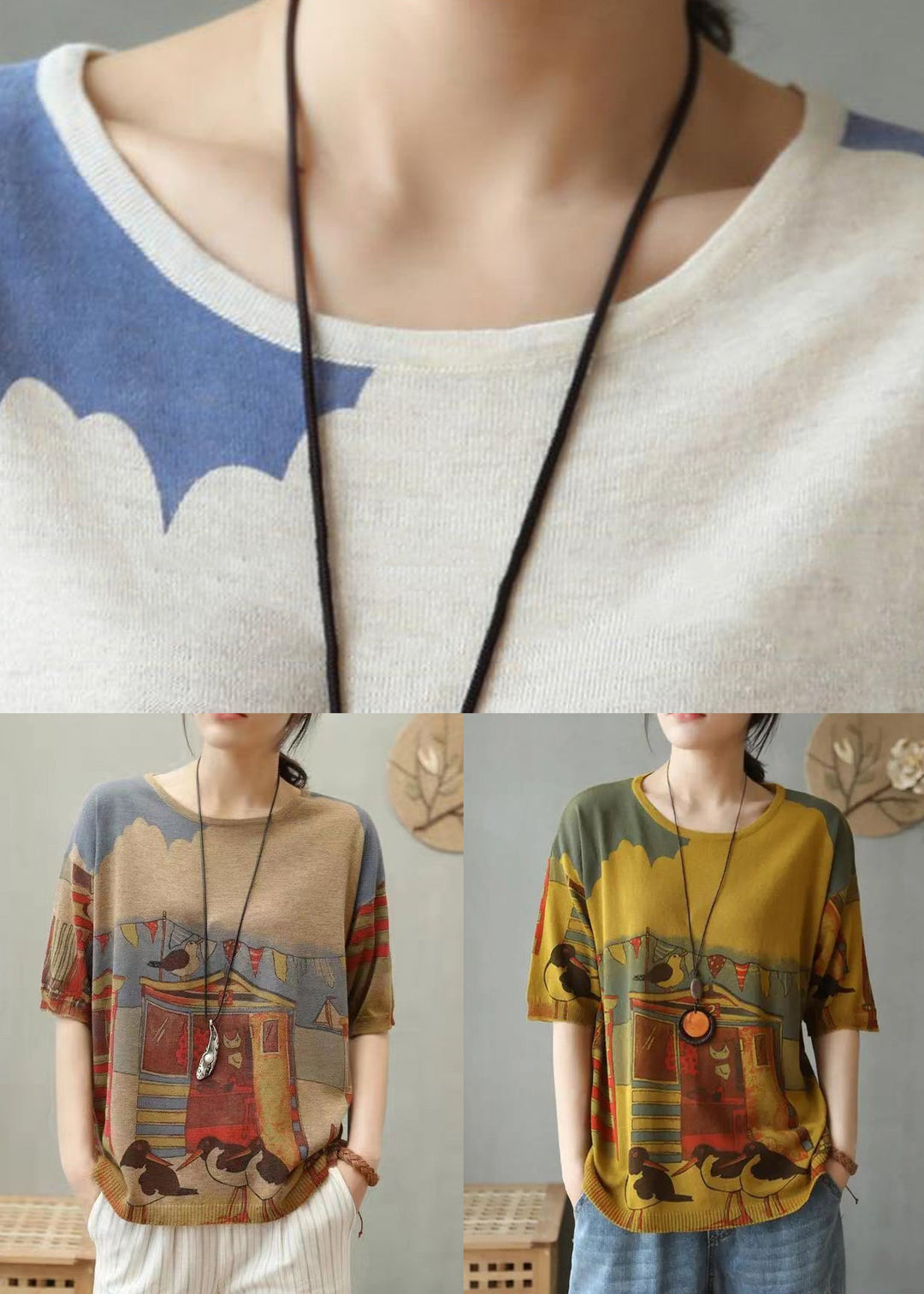 Elegant Camel O Neck Print Cotton Knit T Shirt Top Summer