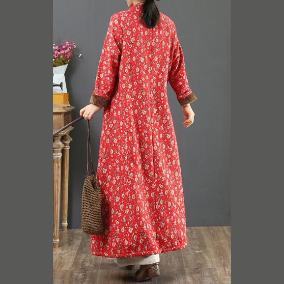 Elegant Chinese Button cotton stand collar clothes For Women Work red floral cotton Dresses - Omychic