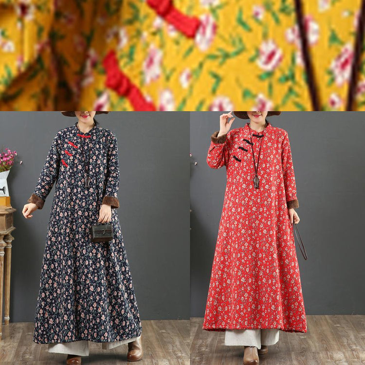 Elegant Chinese Button cotton stand collar clothes For Women Work red floral cotton Dresses - Omychic