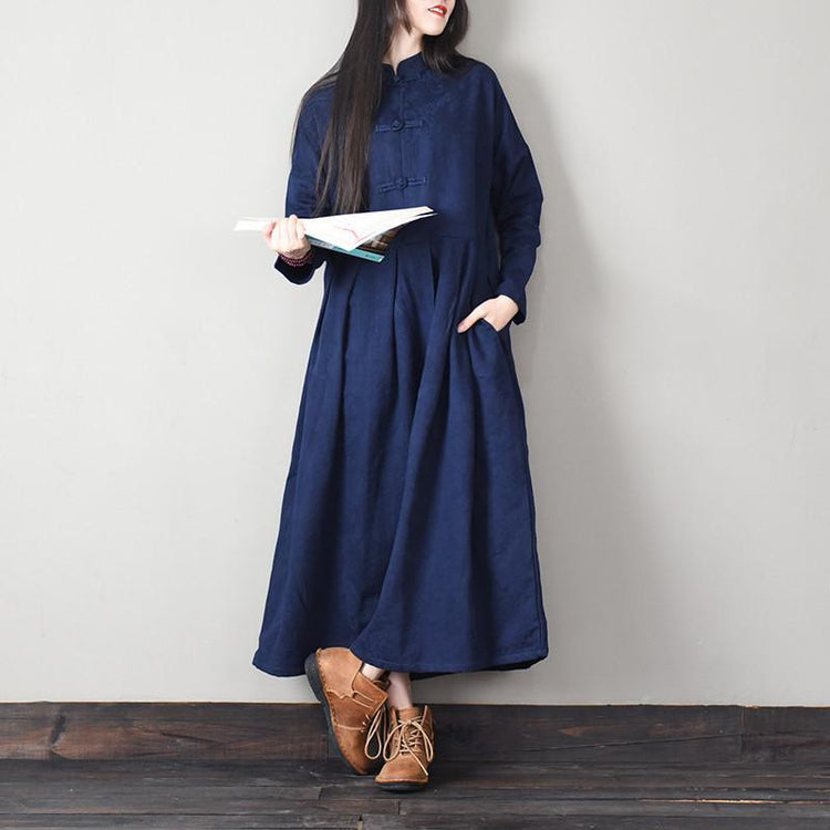 Elegant Chinese Button cotton stand collar quilting clothes Work navy cotton Dresses - Omychic