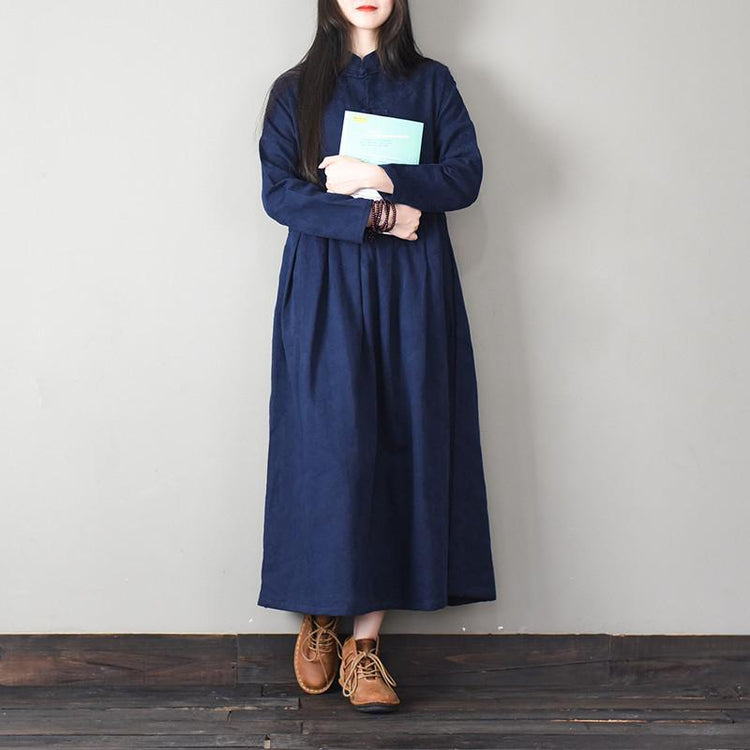 Elegant Chinese Button cotton stand collar quilting clothes Work navy cotton Dresses - Omychic