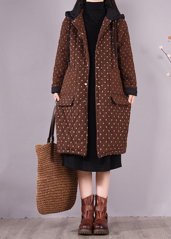 Elegant Chocolate Coat Plus Size Hooded Pockets Outwear - Omychic