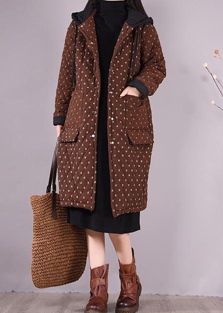 Elegant Chocolate Coat Plus Size Hooded Pockets Outwear - Omychic