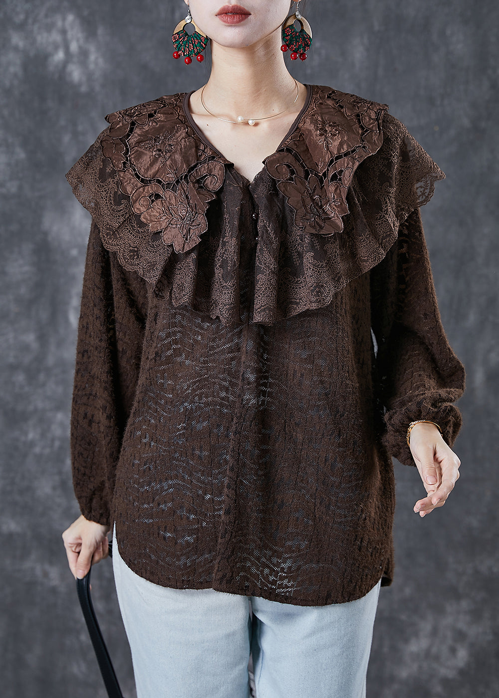 Elegant Chocolate Peter Pan Collar Hollow Out Lace Shirts Spring