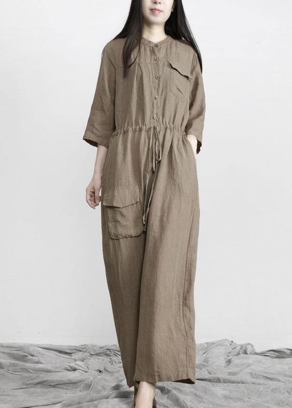 Elegant Chocolate Pockets Wide Leg Fall Linen Jumpsuit Pants - Omychic