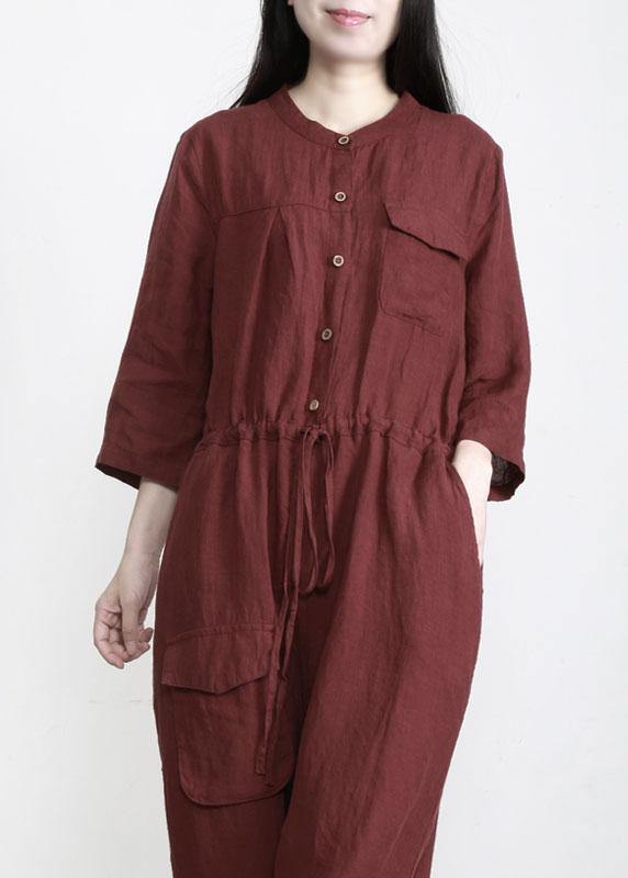 Elegant Chocolate Pockets Wide Leg Fall Linen Jumpsuit Pants - Omychic