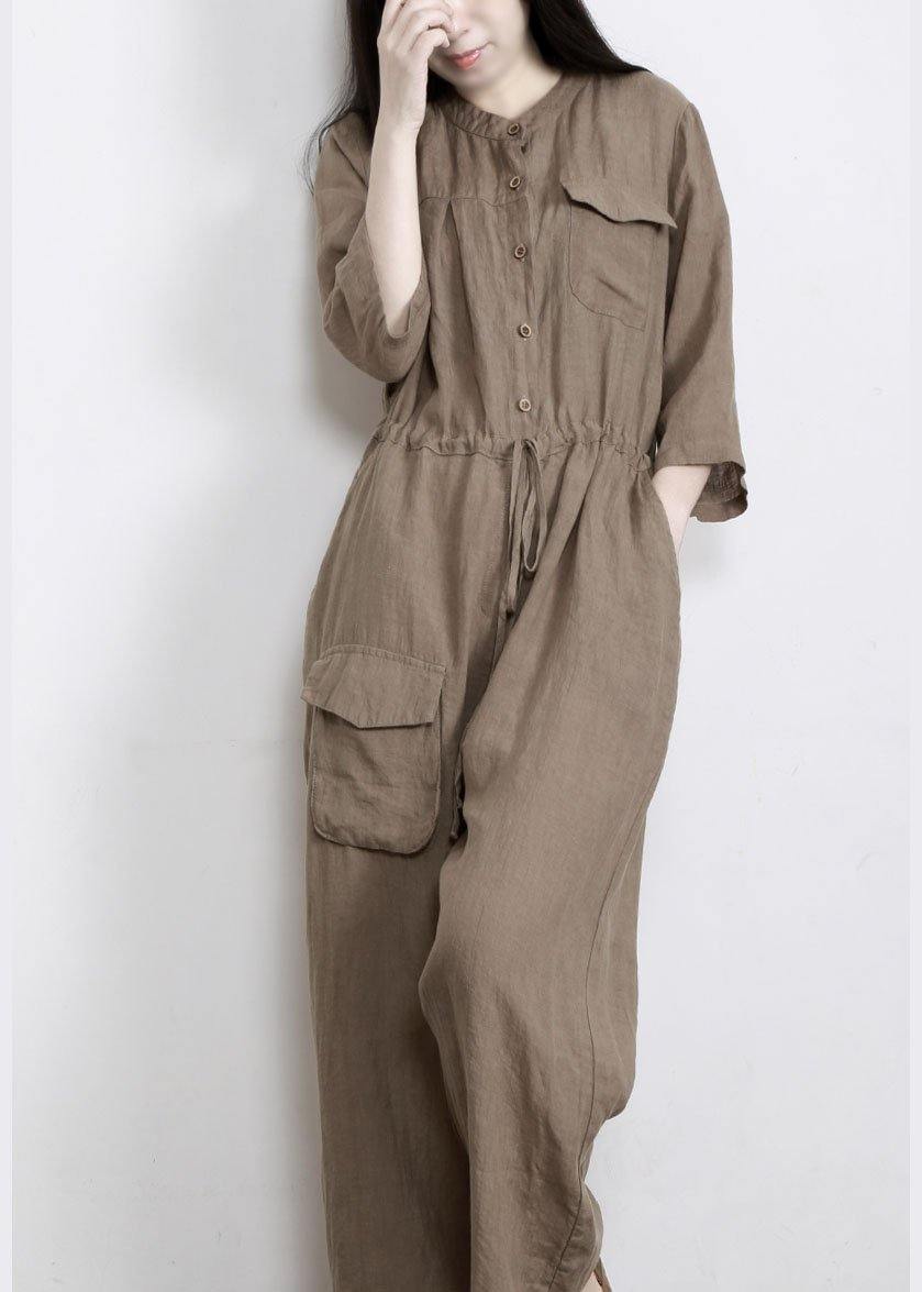 Elegant Chocolate Pockets Wide Leg Fall Linen Jumpsuit Pants - Omychic