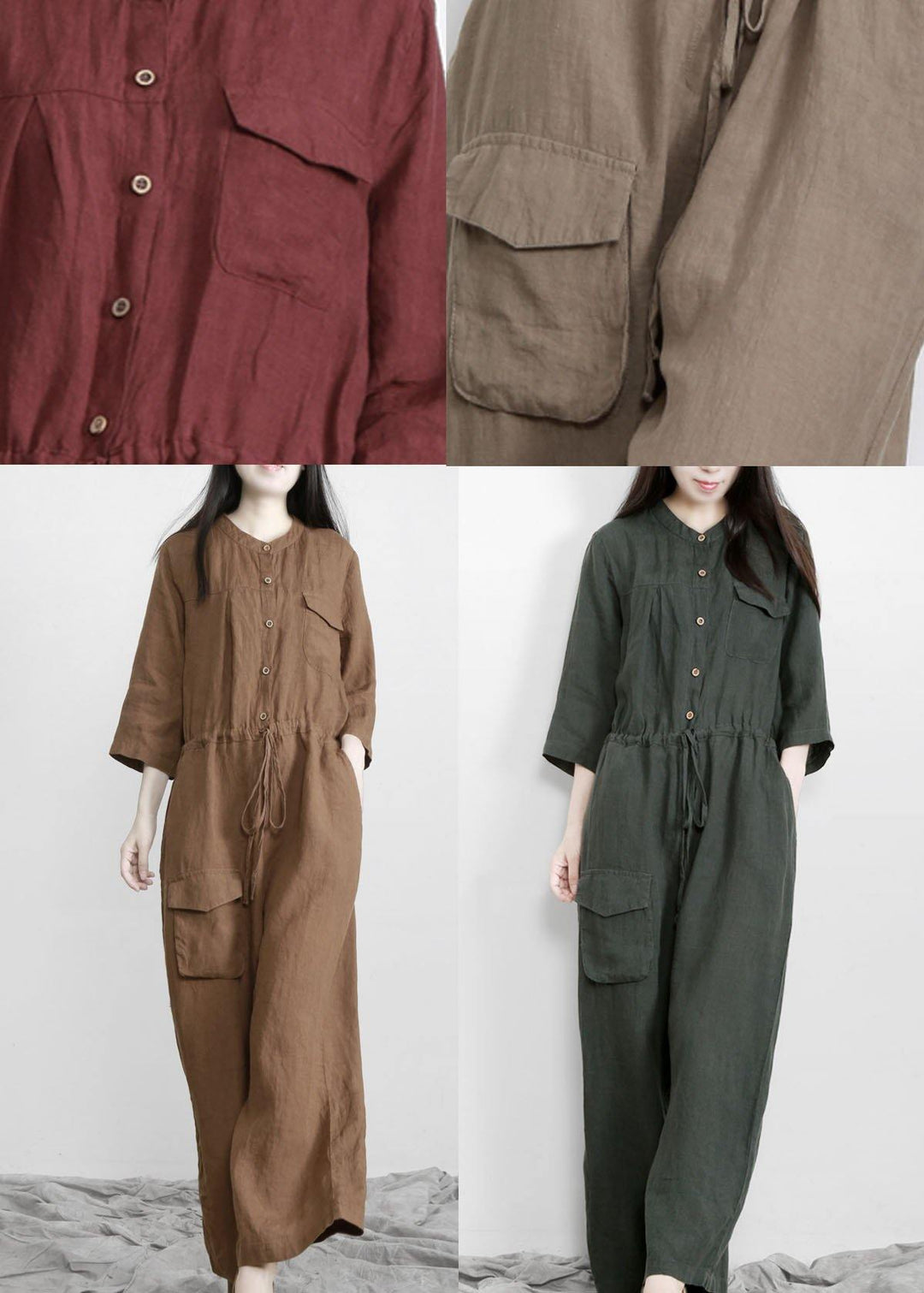 Elegant Chocolate Pockets Wide Leg Fall Linen Jumpsuit Pants - Omychic