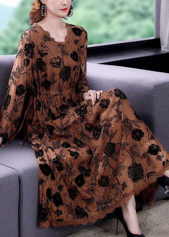 Elegant Chocolate Cinched Print Lace Long Dresses Spring