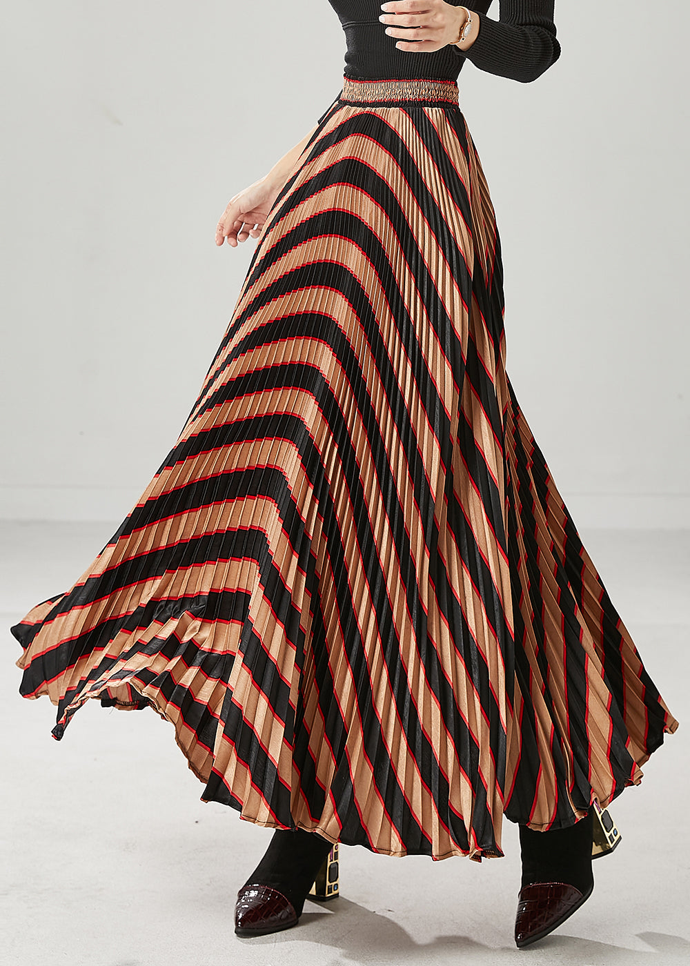 Elegant Coffee High Waist Striped Spandex Pleated Skirts Spring