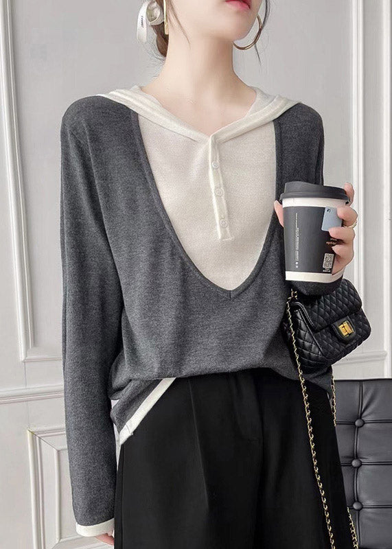 Elegant Coffee Hooded Patchwork False Two Pieces Cotton Knit Tops Fall