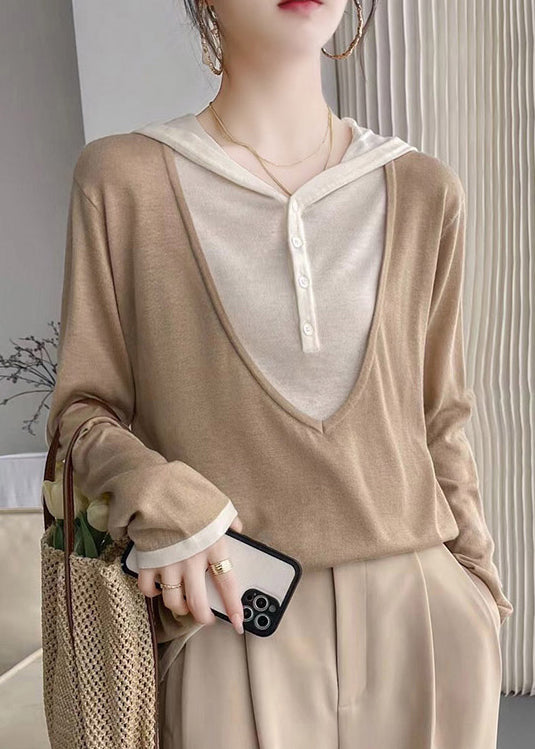 Elegant Coffee Hooded Patchwork False Two Pieces Cotton Knit Tops Fall