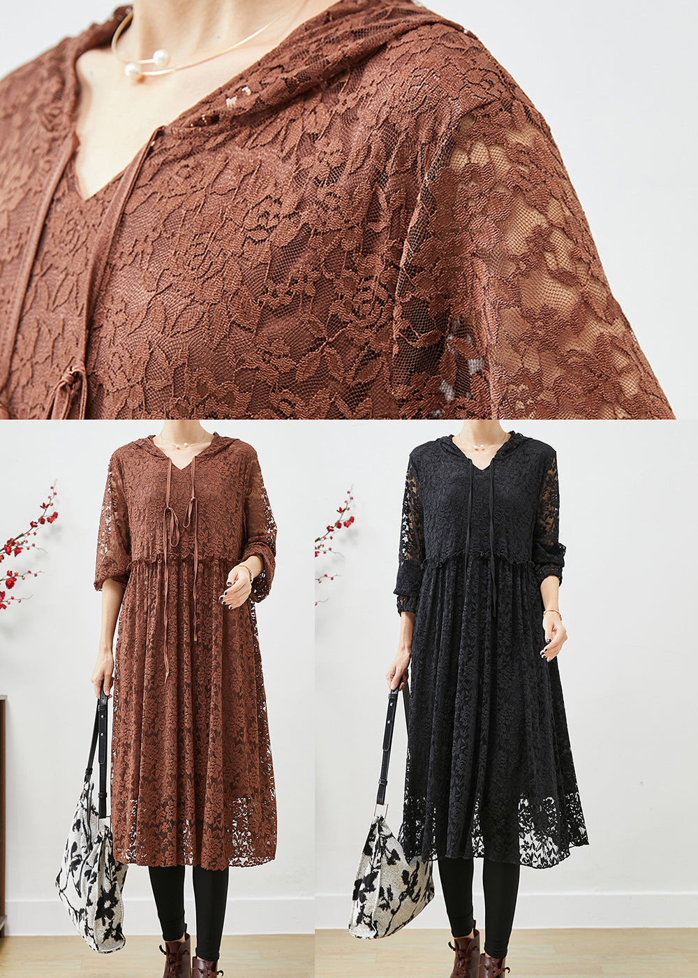 Elegant Coffee Hooded Ruffled Lace Dresses Fall