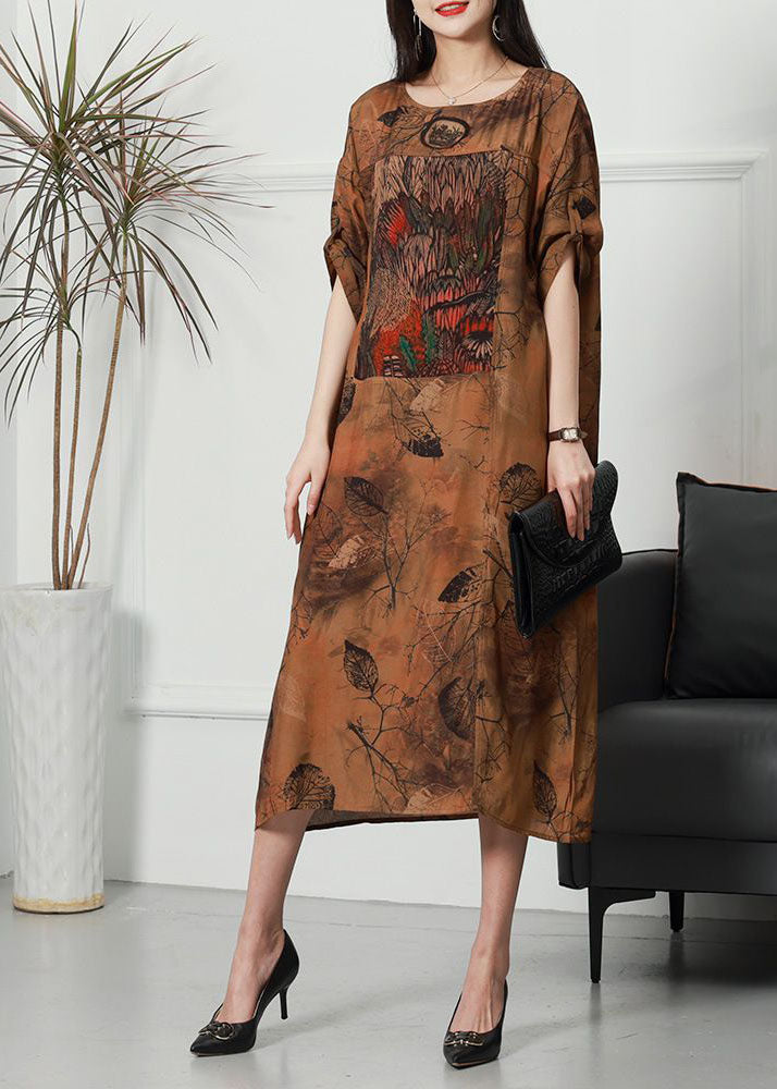 Elegant Coffee O Neck Print Patchwork Silk Long Dress Spring