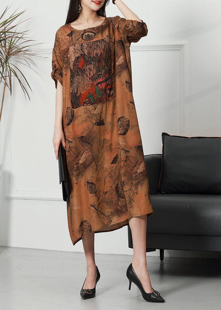 Elegant Coffee O Neck Print Patchwork Silk Long Dress Spring