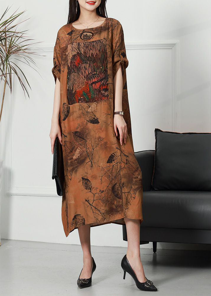 Elegant Coffee O Neck Print Patchwork Silk Long Dress Spring