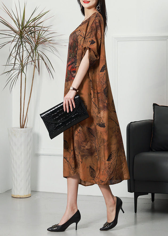 Elegant Coffee O Neck Print Patchwork Silk Long Dress Spring