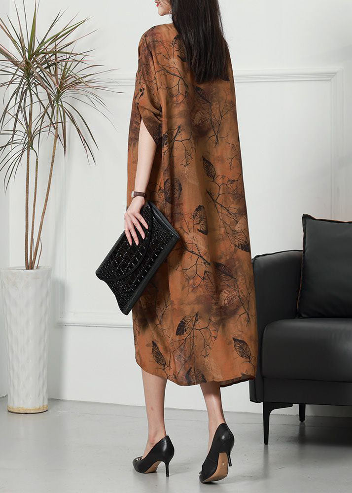 Elegant Coffee O Neck Print Patchwork Silk Long Dress Spring