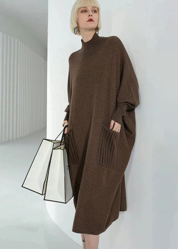 Elegant Chocolate Turtle Neck Patchwork Pockets Wool Sweater Dress Long Sleeve