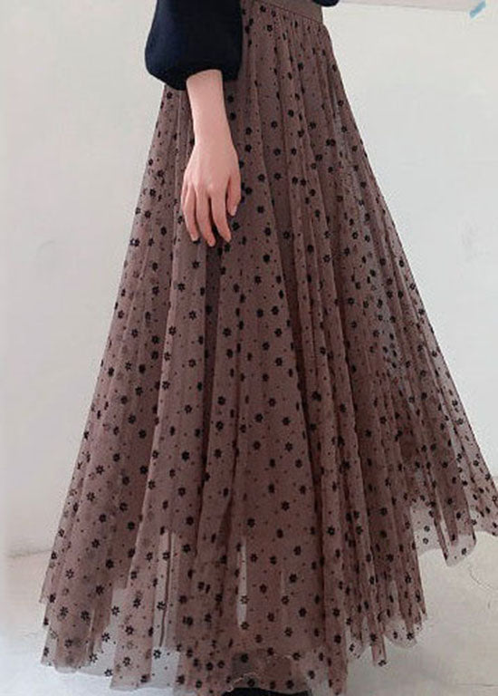 Elegant Coffee Wrinkled Print Patchwork Tulle Skirts Spring