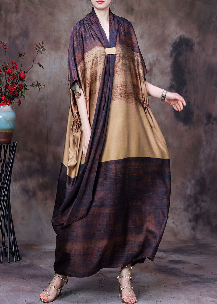 Elegant Coffee Yellow Bow Print Silk Loose Ankle Dress Batwing Sleeve