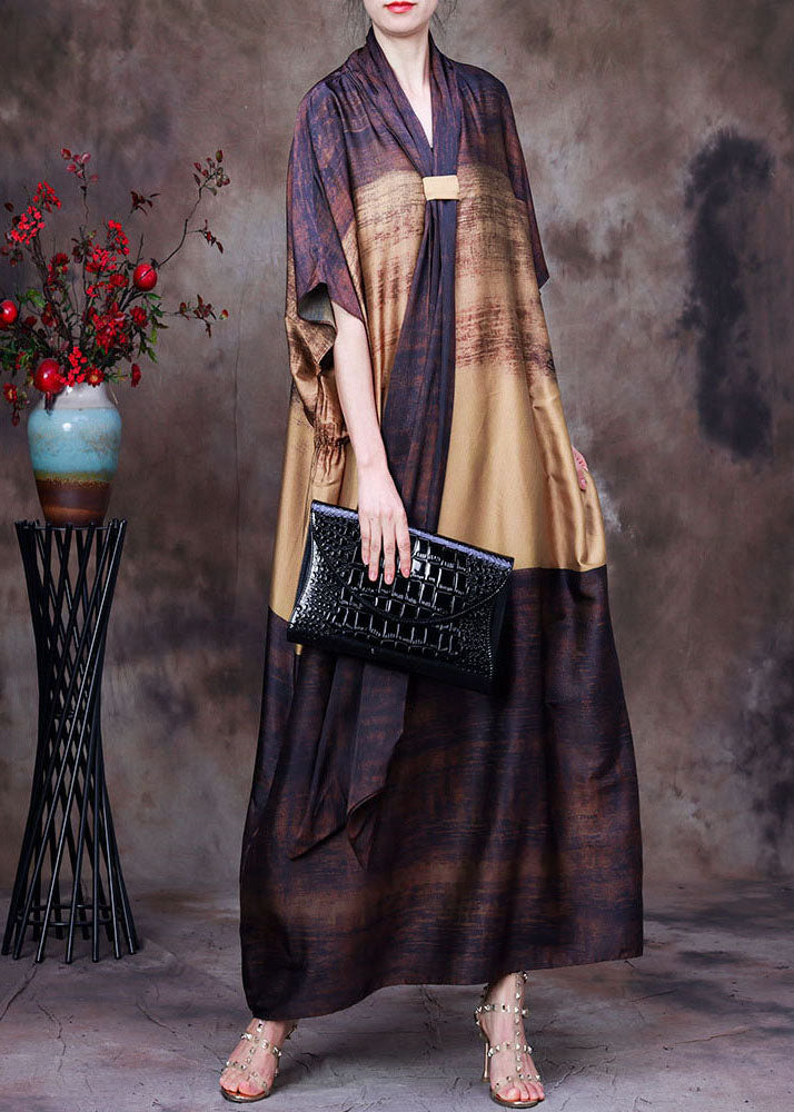 Elegant Coffee Yellow Bow Print Silk Loose Ankle Dress Batwing Sleeve