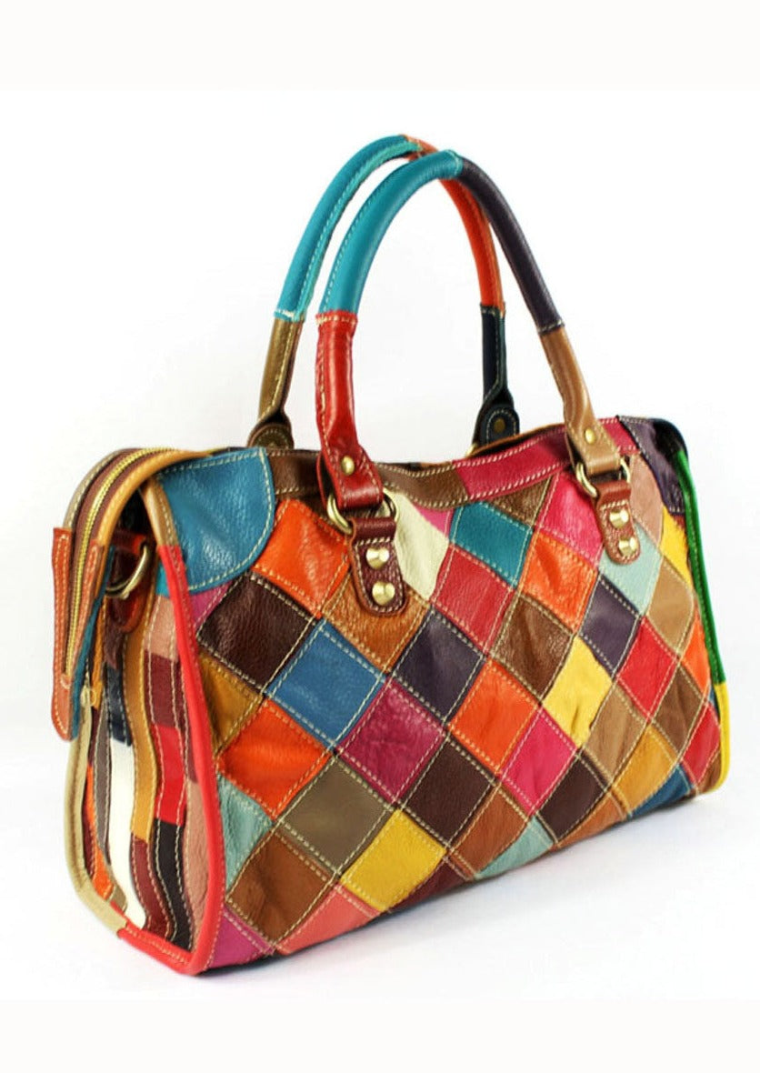 Elegant Colorblock Rivet Zippered Patchwork Calf Leather Tote Handbag