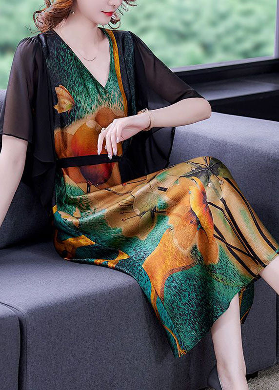Elegant Colorblock V Neck Patchwork Print Silk Dresses Summer