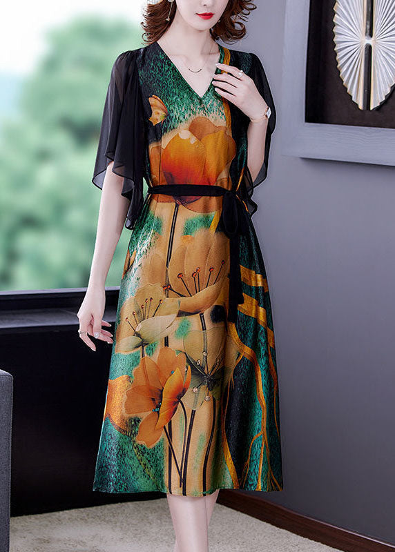 Elegant Colorblock V Neck Patchwork Print Silk Dresses Summer